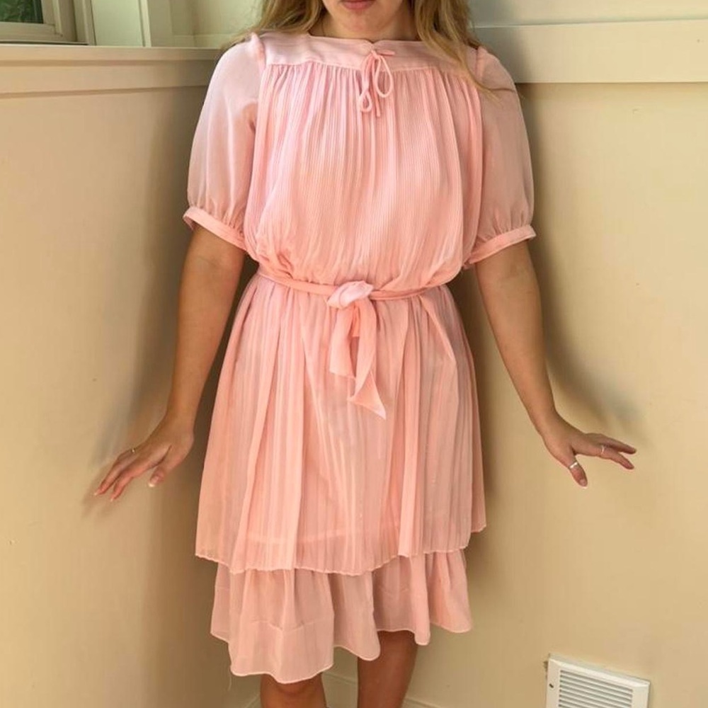Vintage Ribbon Tokyo 60s Peachy Pink Tiered Pleated Flowy Dress Size 9